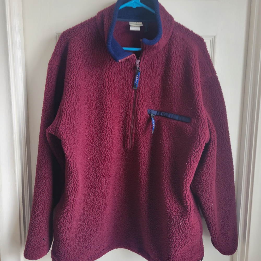 VintageL.L. Bean Women's Burgundy Sherpa Zip Pullover with Navy Trim